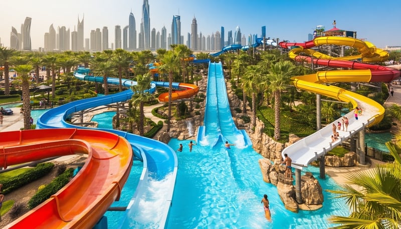 Aerial view of Aquaventure World Dubai showcasing water slides and attractions