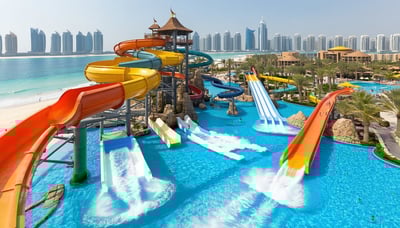 Aerial view of Aquaventure World Dubai waterpark with slides, pools, and beach.