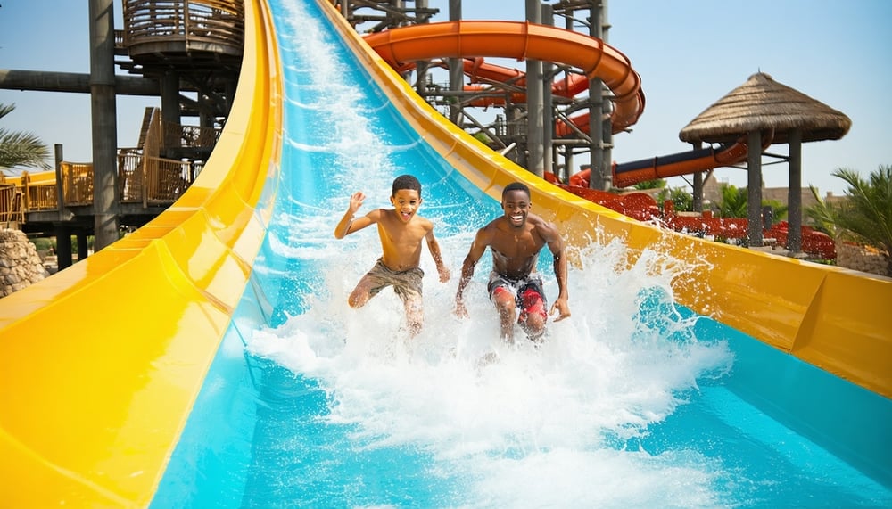 Family enjoying water slides at Aquaventure World Dubai